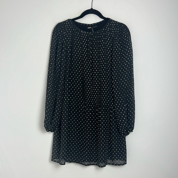 Maje Modern Pleated Allover Black & White Polka Dot Print Shift Mini Dress Small - Picture 3 of 11